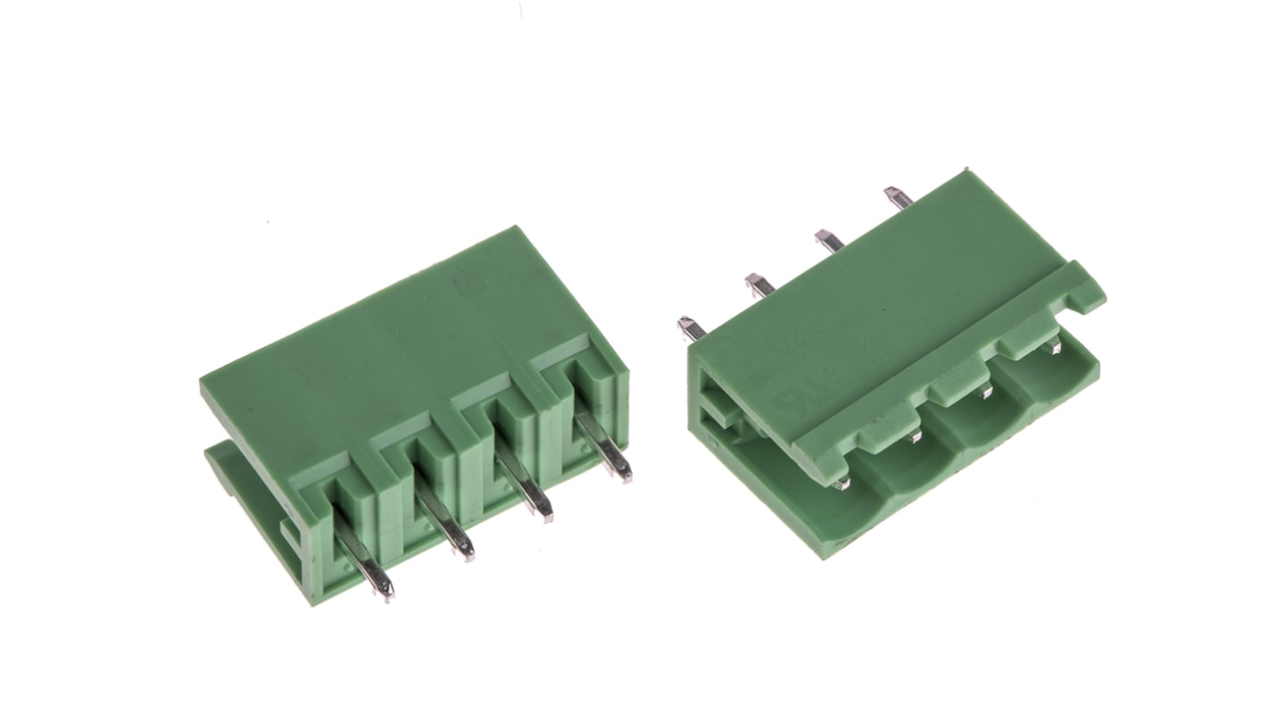 Borne para PCB Macho Ángulo recto RS PRO de 4 vías , paso 5.08mm, de color Verde, montaje Montaje en orificio pasante,