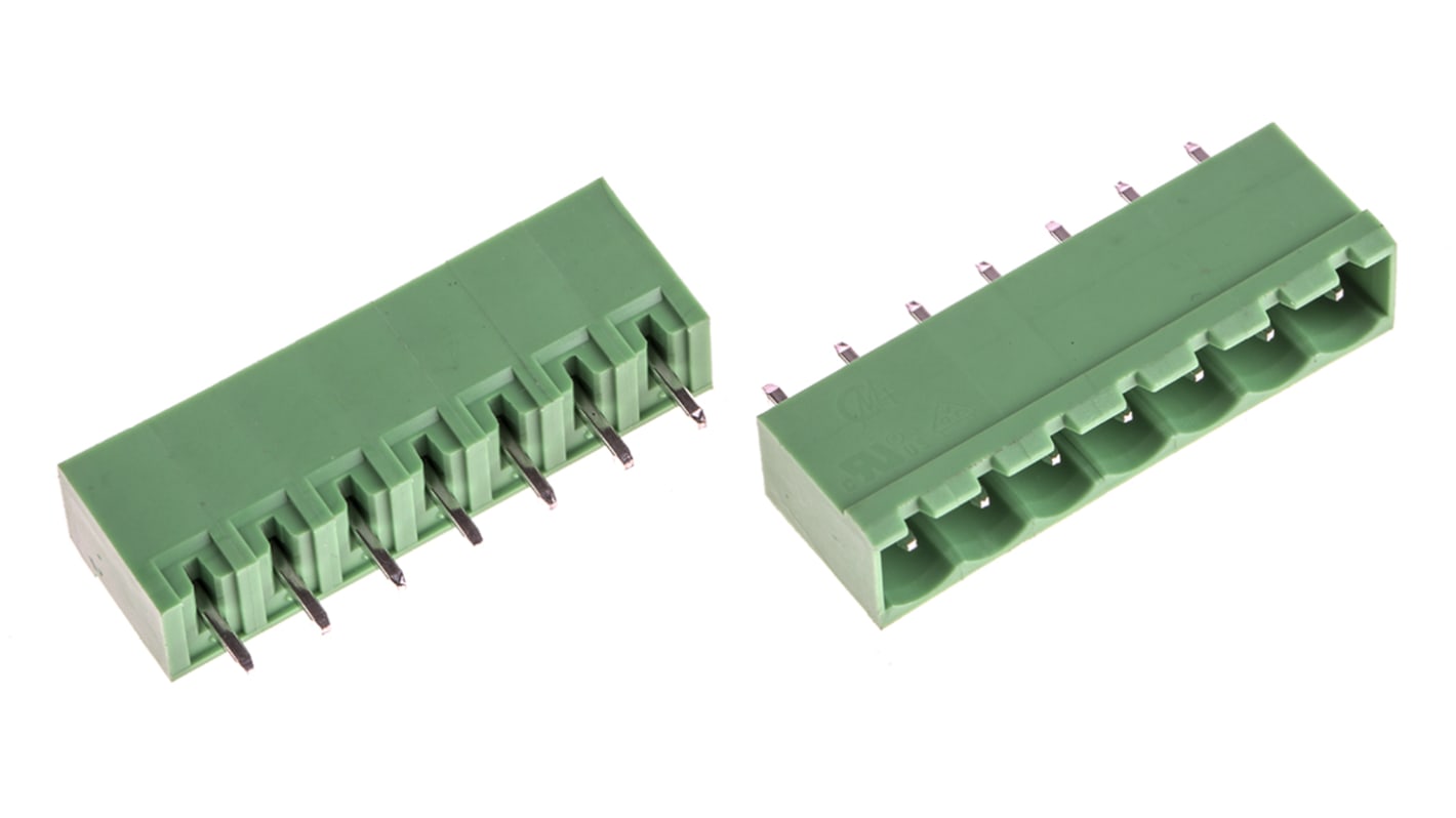 Borne para PCB Macho Ángulo recto RS PRO de 7 vías , paso 5.08mm, de color Verde, montaje Montaje en orificio pasante,