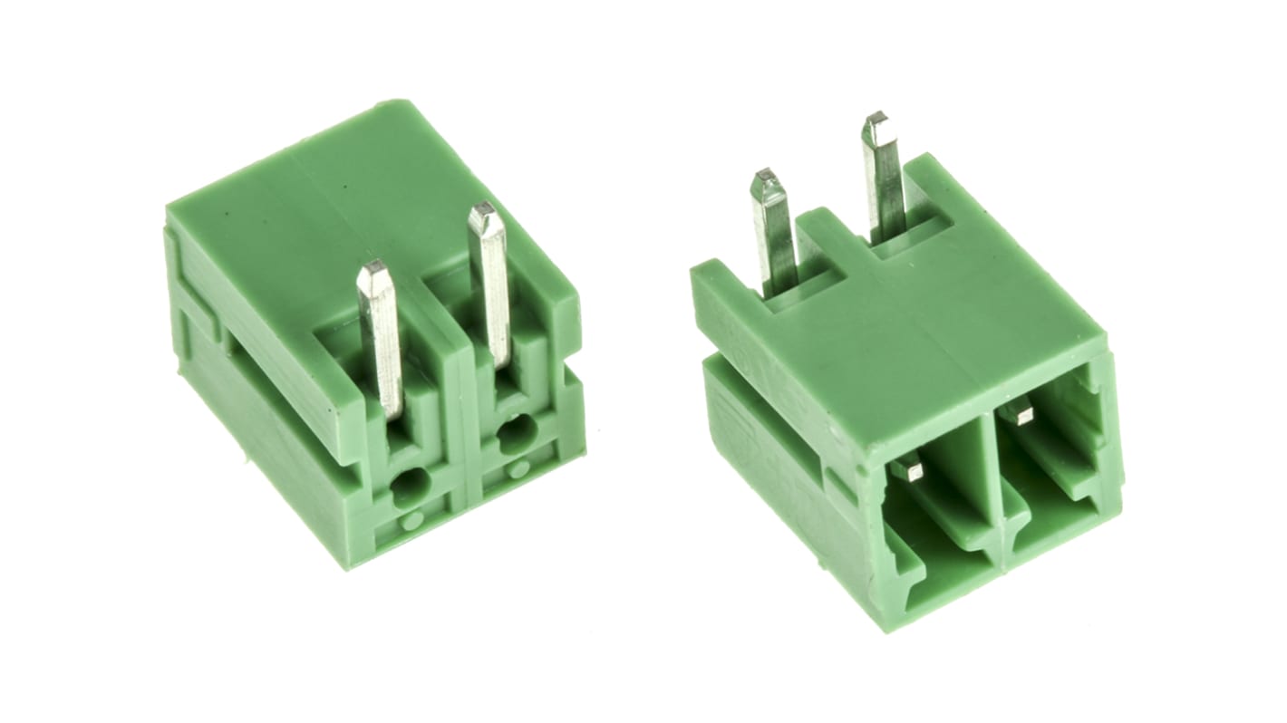 Borne para PCB Macho Ángulo de 90° RS PRO de 2 vías , paso 3.5mm, de color Verde, montaje Montaje en orificio pasante,