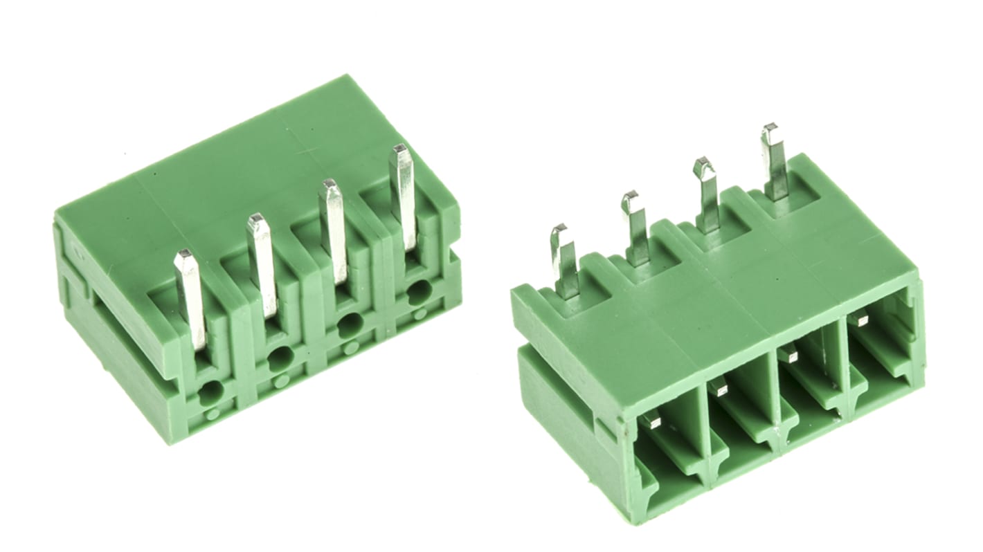 Borne para PCB Macho Ángulo de 90° RS PRO de 4 vías , paso 3.5mm, de color Verde, montaje Montaje en orificio pasante,