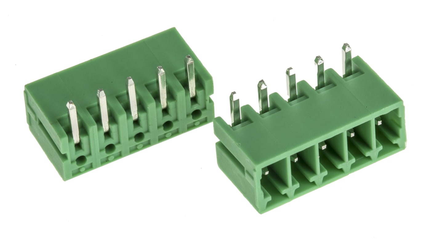 Borne para PCB Macho Ángulo de 90° RS PRO de 5 vías , paso 3.5mm, de color Verde, montaje Montaje en orificio pasante,