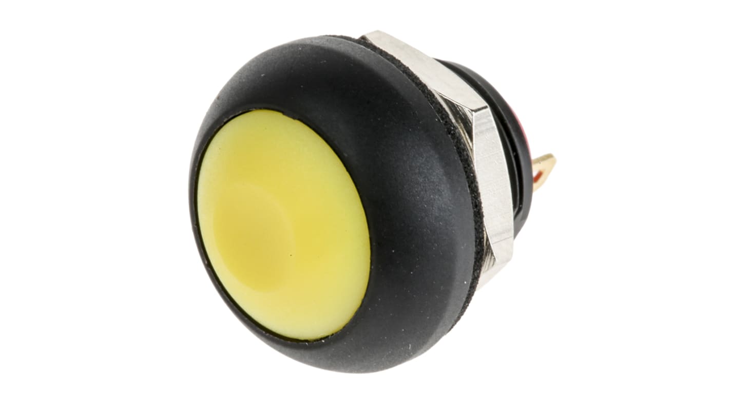 Interruptor de Botón Pulsador RS PRO, color de botón Amarillo, SPST, On-(Off), 100 (50 V dc) mA, 125 (125 V ac) mA, 200