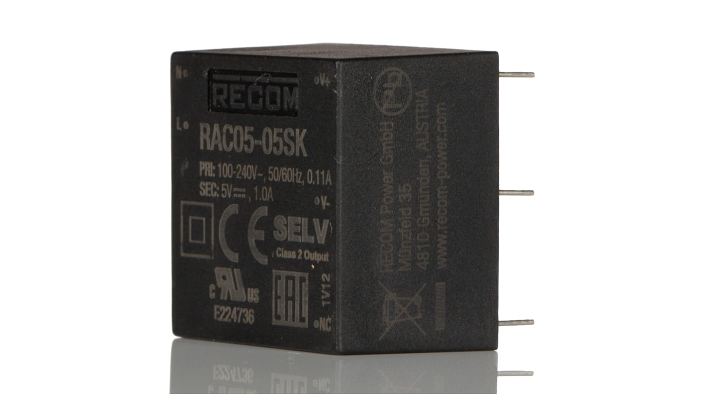 Alimentatore switching Recom RAC05-05SK, 5W, ingresso 85 → 264V ca, uscita 5V cc, 1A RAC05-K