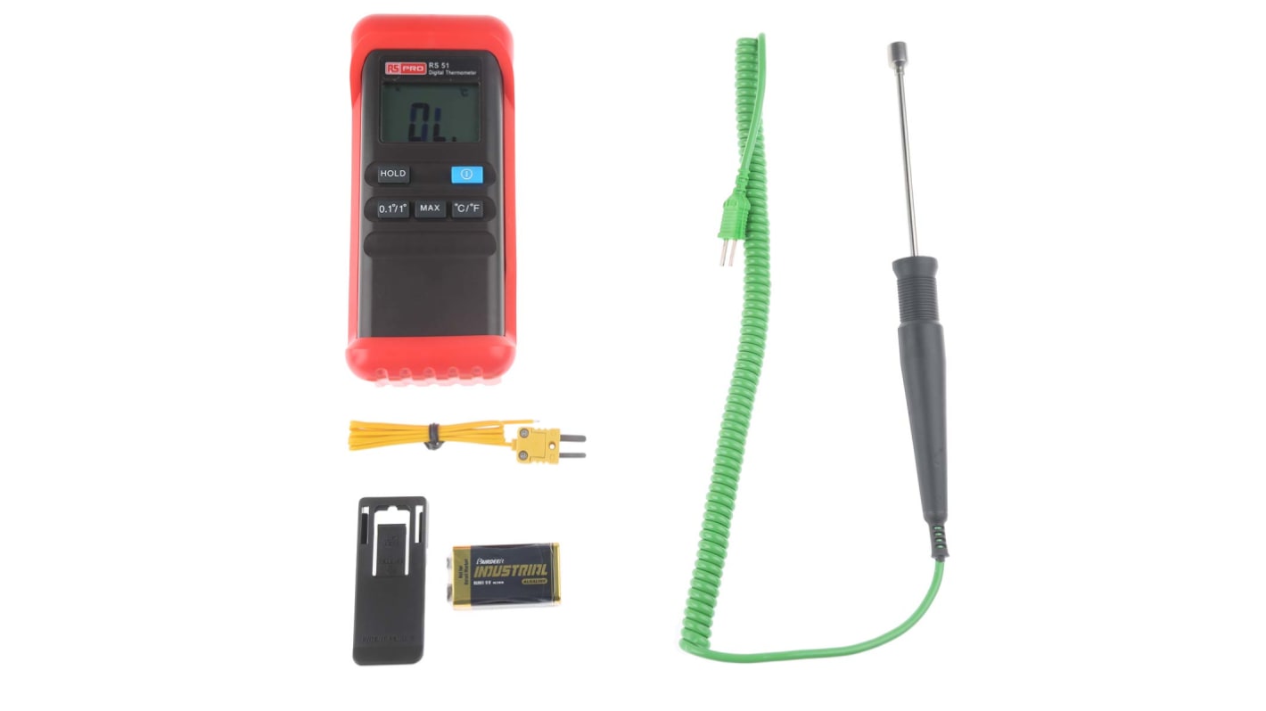 RS PRO RS51 Thermometer Kit, +1300°C Max, ±0.2 Reading +1°C % Accuracy - With UKAS Calibration