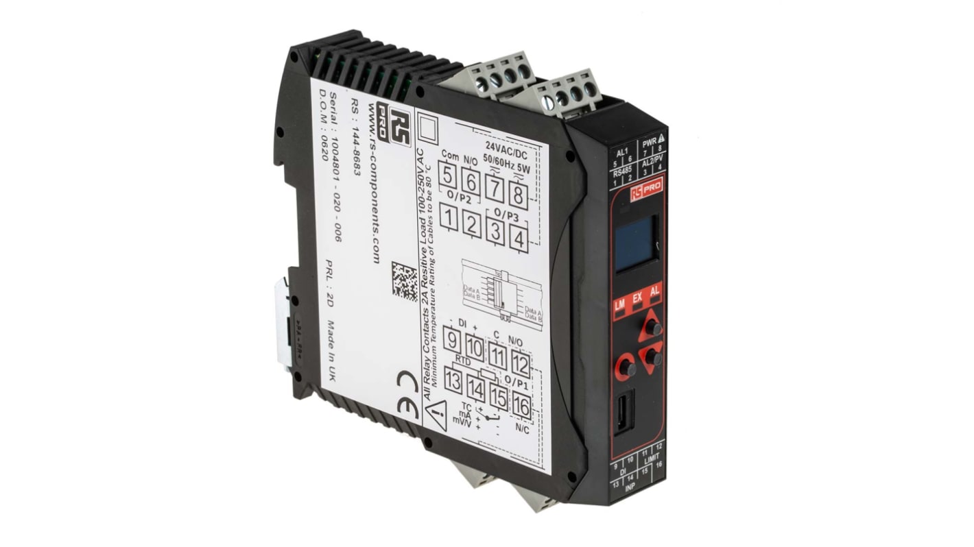 Controlador de temperatura PID RS PRO, 22.5 x 110mm, 24 V ac / dc, 3 entradas Corriente dc, tensión dc, RTD, termopar,