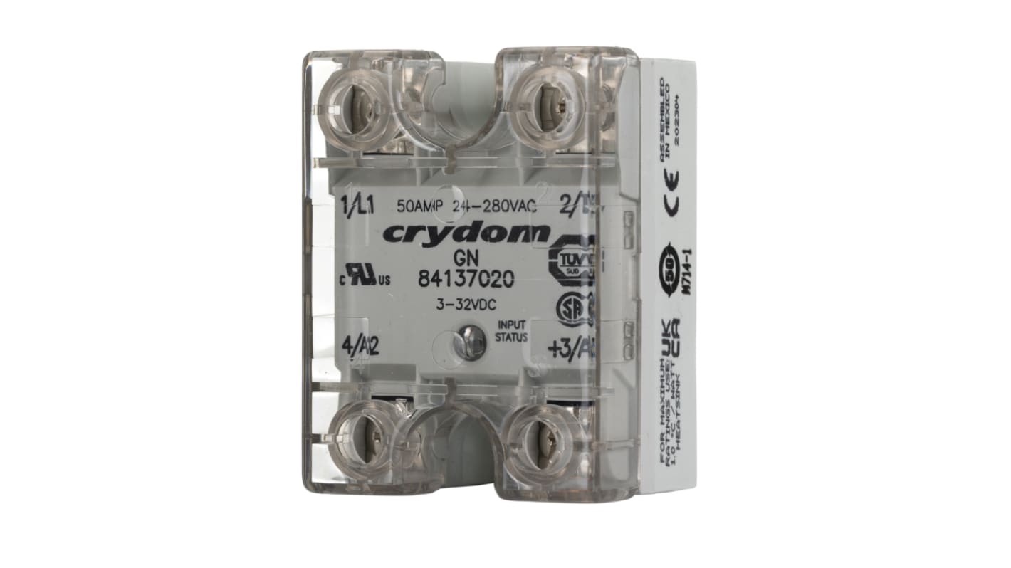 Sensata Crydom 8413 Series Solid State Relay, 50 A rms Load, Panel Mount, 280 V ac Load, 32 V dc Control