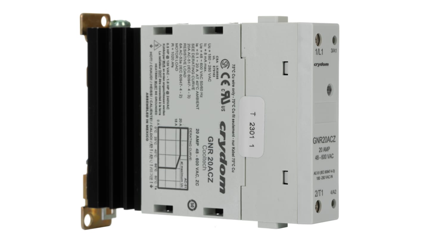 Sensata / Crydom GNR Series Solid State Relay, 20 A rms Load, DIN Rail Mount, 600 V rms Load, 260 V ac Control