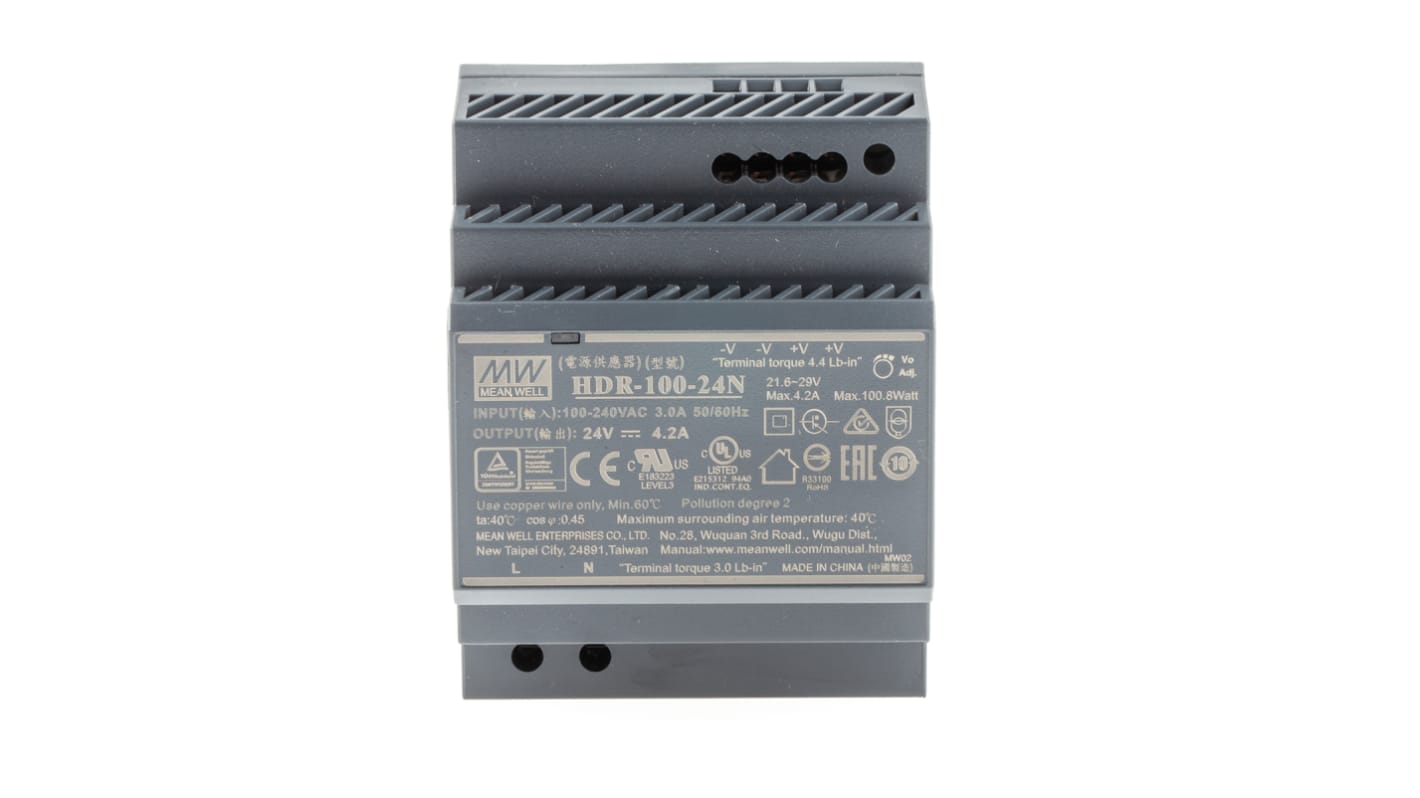 Alimentation pour rail DIN MEAN WELL, série HDR, 24V c.c.out 4.2A, 100.8W