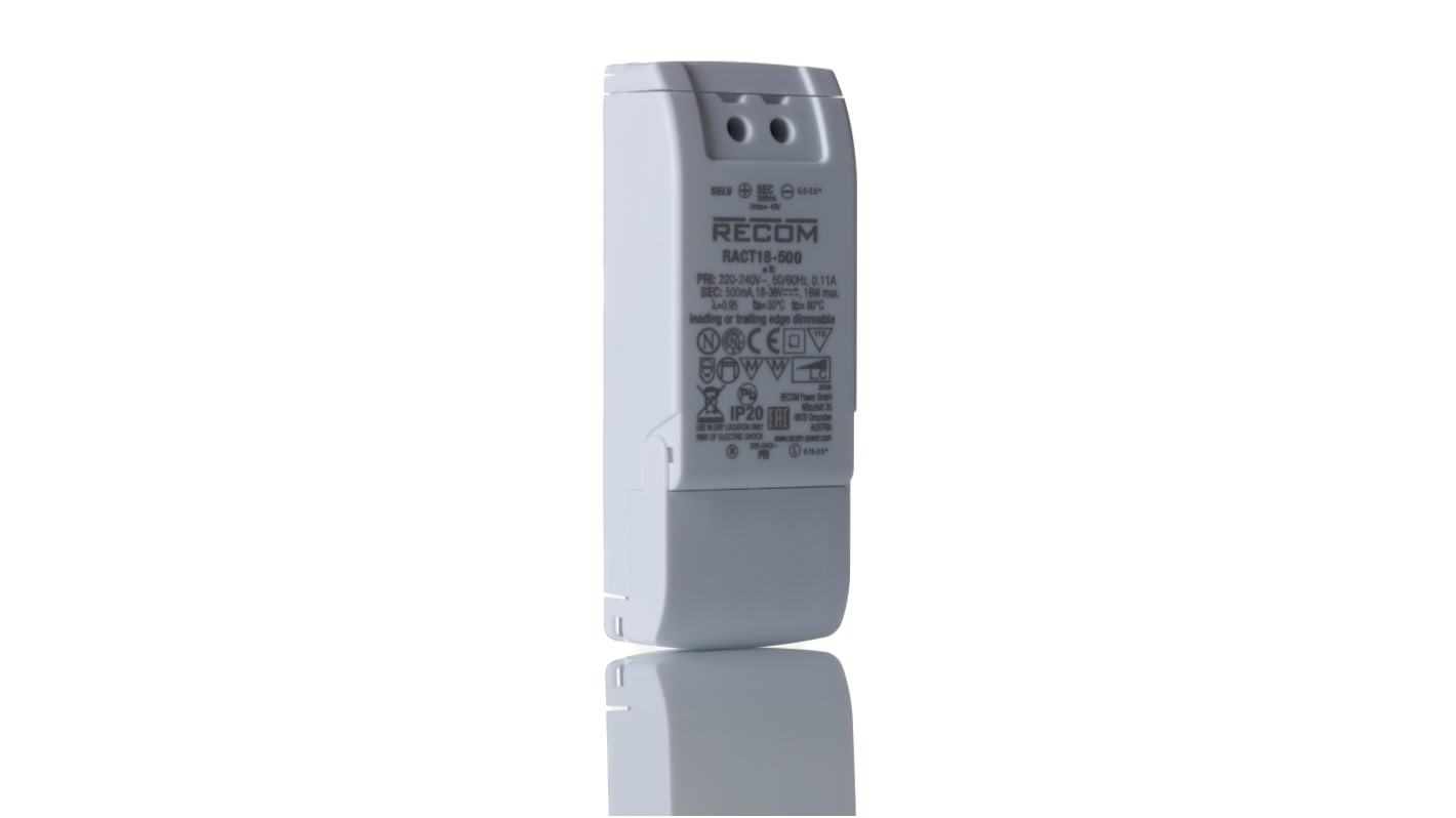 Driver LED corriente constante Recom RACT18 de salidas, IN: 198 → 264 V CA, OUT: 18 → 36V dc, 500mA, 18W,