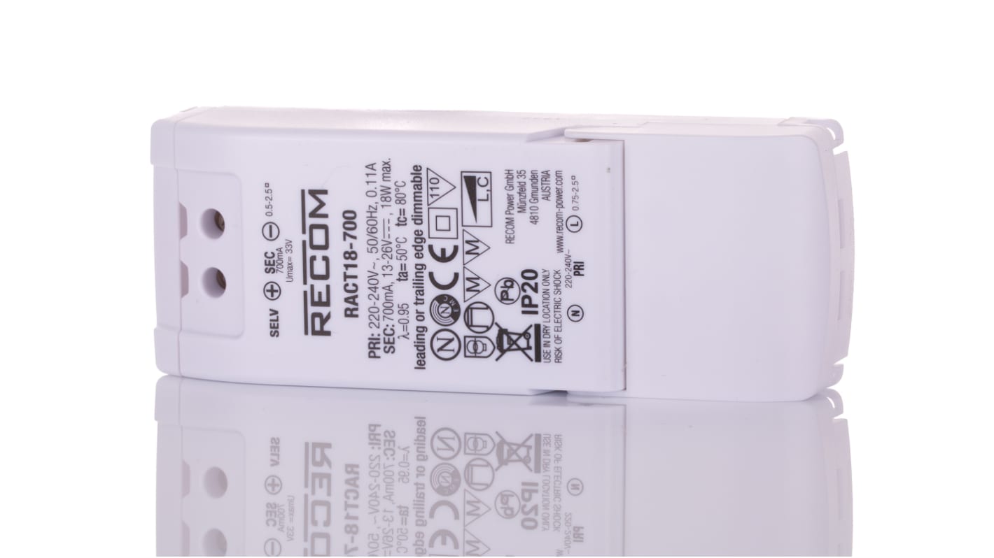Recom LED Driver, 13 → 26V dc Output, 18W Output, 700mA Output, Constant Current Dimmable