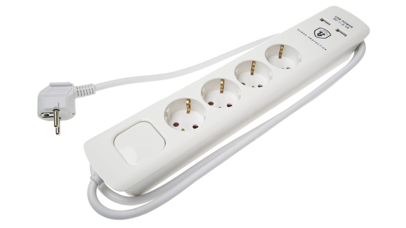 Regleta de enchufes RS PRO, con interruptor, long. cable 1.5m, 4 tomas Schuko, 250 V, 16A Blanco