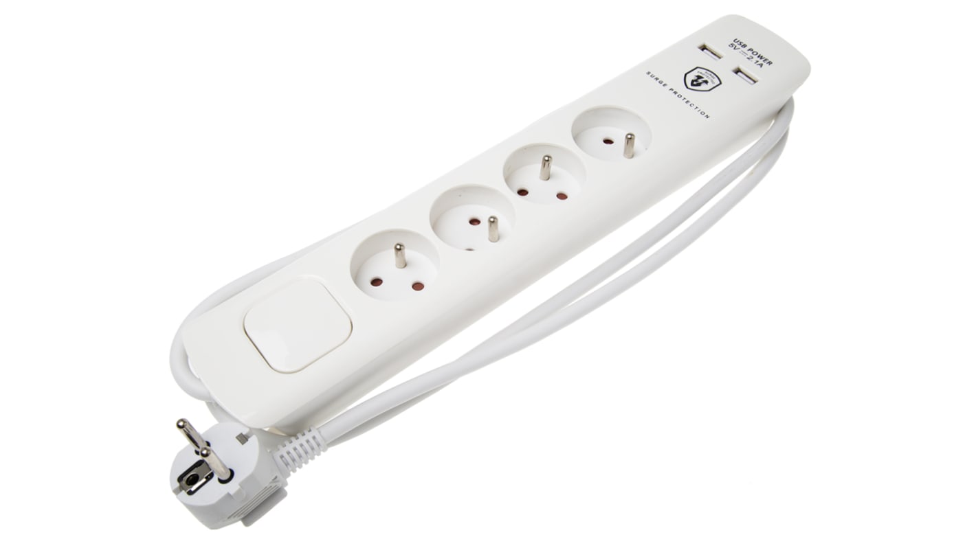 Regleta de enchufes RS PRO, con interruptor, long. cable 1.5m, 4 tomas Tipo E - francés, 250 V, 16A Blanco