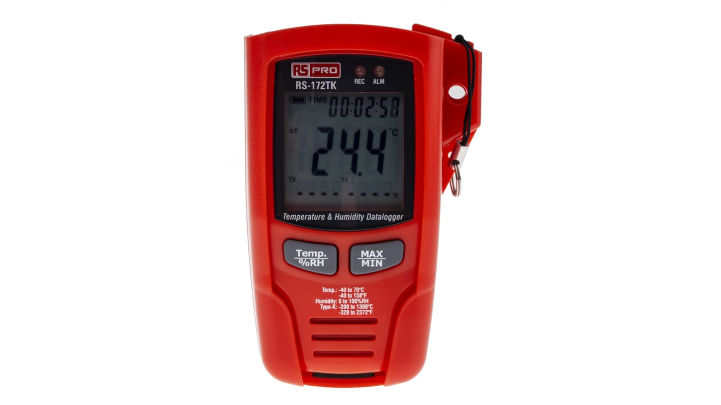 Registrador de datos RS PRO RS-172TK, para Humedad, Temperatura, con alarma, display LCD, interfaz USB