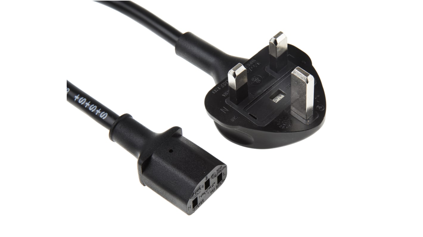 Cable de alimentación RS PRO Negro de 5m, con. A IEC C13, hembra, con. B Conector macho para Reino Unido tipo G, macho,