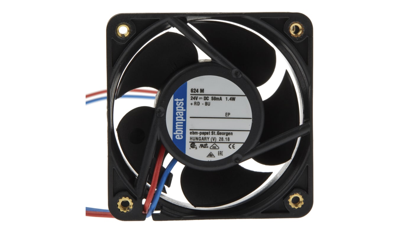 Ventilador Axial ebm-papst 620 de 60 x 60 x 25mm, 24 V dc, 1.5W, 4550rpm, caudal 30m³/h, 29dB