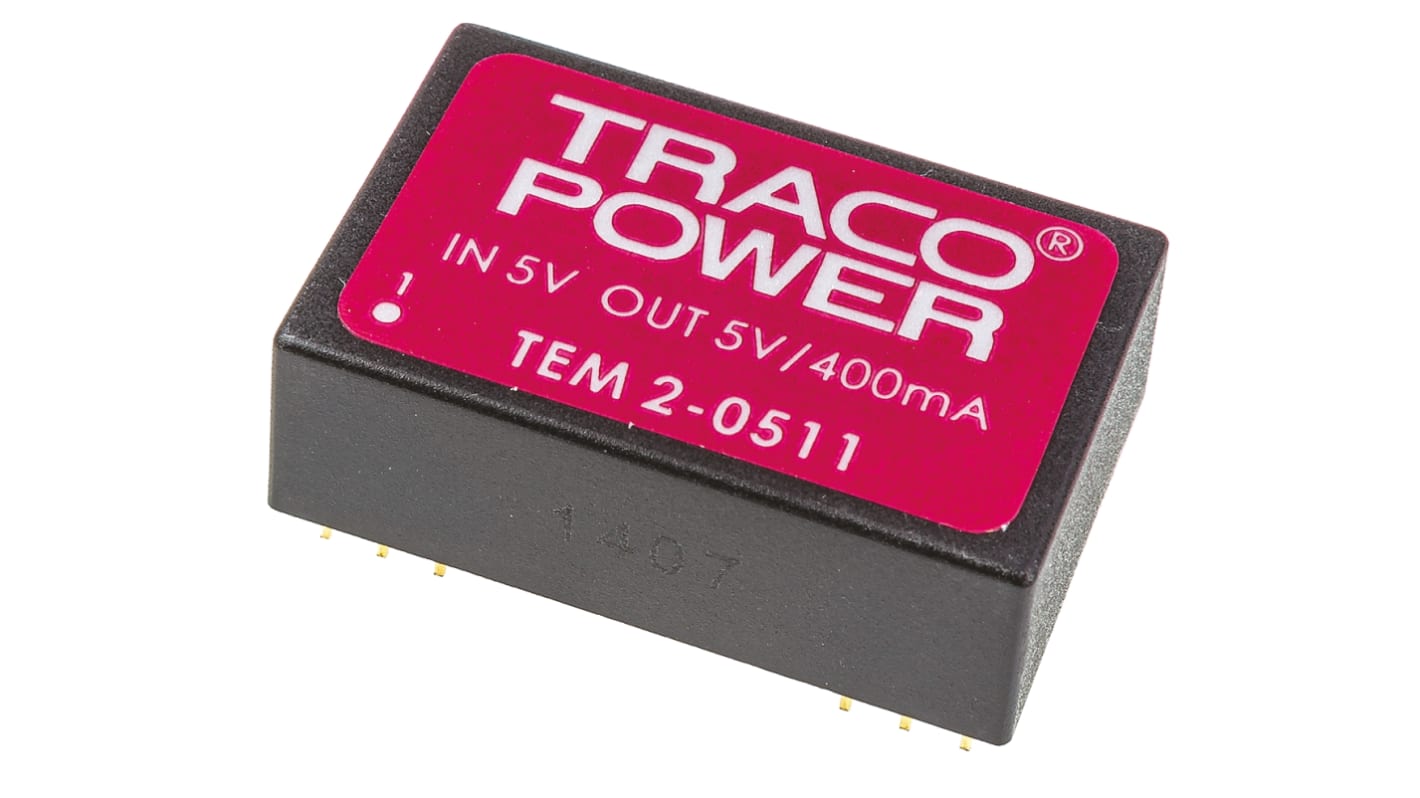 TRACOPOWER TEM 2 DC-DC Converter, 5V dc/ 400mA Output, 4.5 → 5.5 V dc Input, 2W, Through Hole, +60°C Max Temp