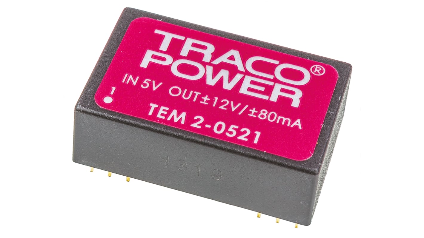 TRACOPOWER TEM 2 DC-DC Converter, ±12V dc/ ±80mA Output, 4.5 → 5.5 V dc Input, 2W, Through Hole, +70°C Max Temp