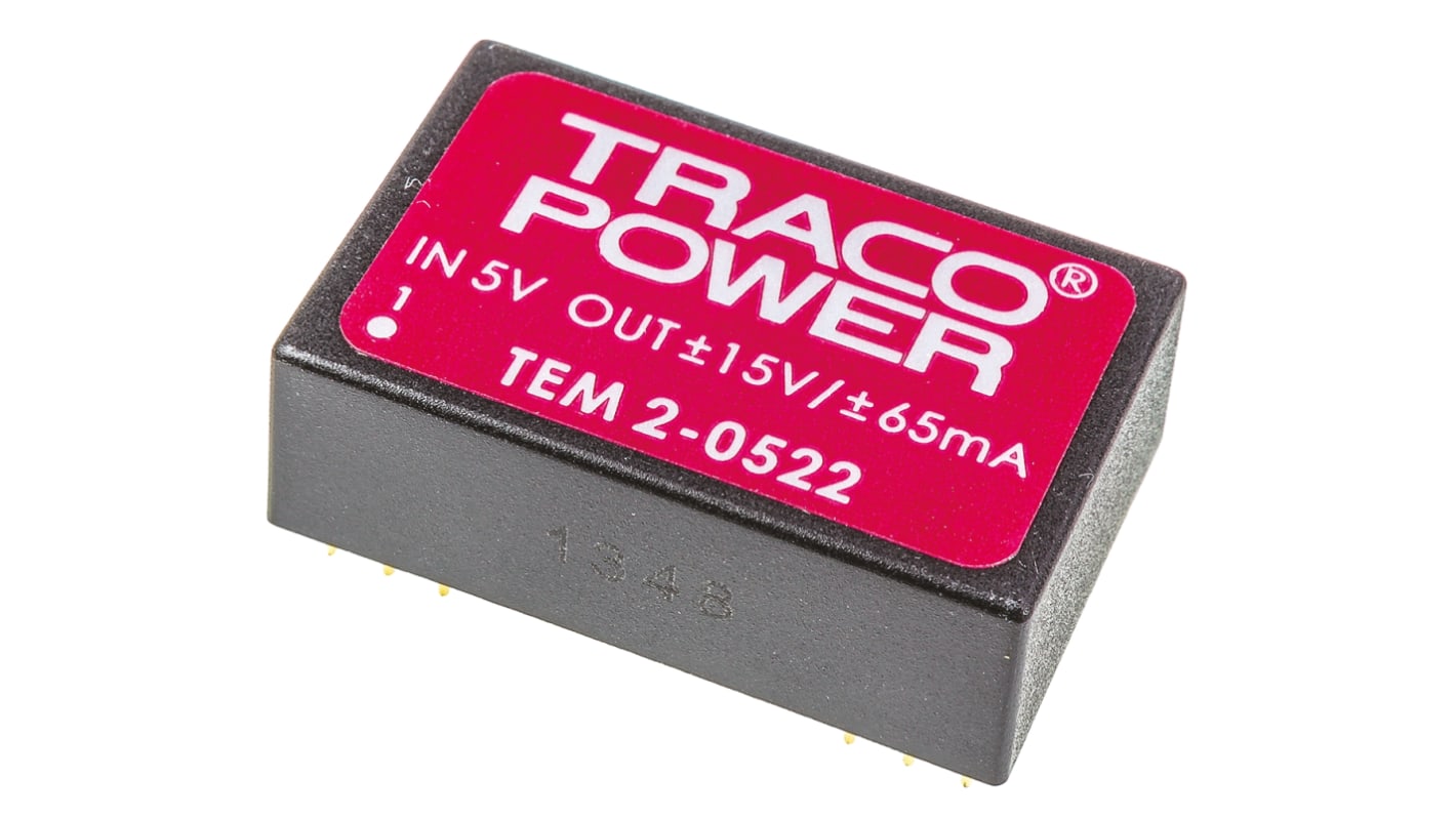 TRACOPOWER TEM 2 DC-DC Converter, ±15V dc/ ±65mA Output, 4.5 → 5.5 V dc Input, 2W, Through Hole, +70°C Max Temp