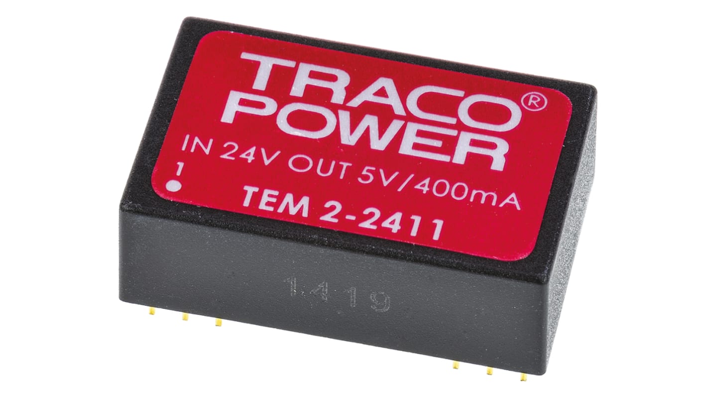TRACOPOWER TEM 2 DC-DC Converter, 5V dc/ 400mA Output, 21.6 → 26.4 V dc Input, 2W, Through Hole, +60°C Max Temp