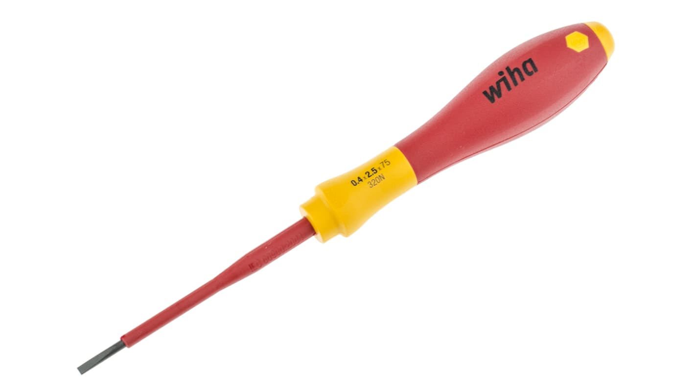 Wiha Tools VDE 2.5 mm Schlitz Isolierter Schraubendreher, CrVMo-Stahl, 179 mm / Klinge 75 mm