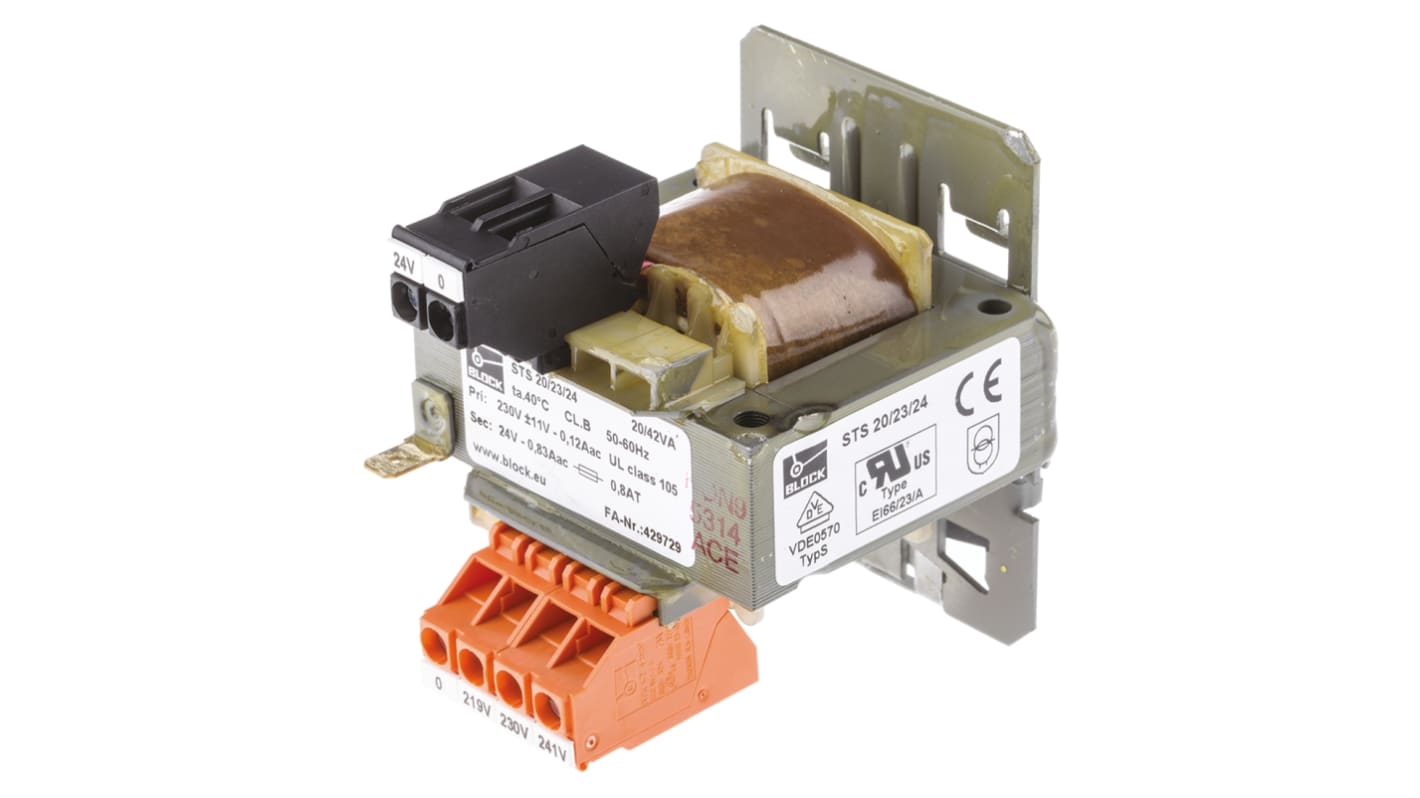 Block 20VA DIN Rail Transformer, 218V ac, 230V ac, 242V ac Primary, 24V ac Secondary