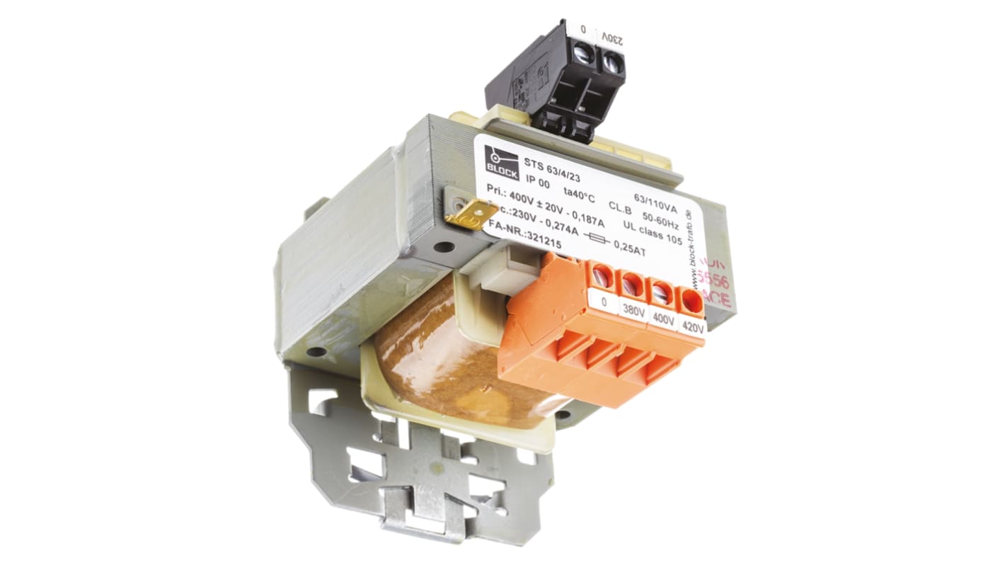 Block 63VA DIN Rail Transformer, 380V ac, 400V ac, 420V ac Primary, 230V ac Secondary