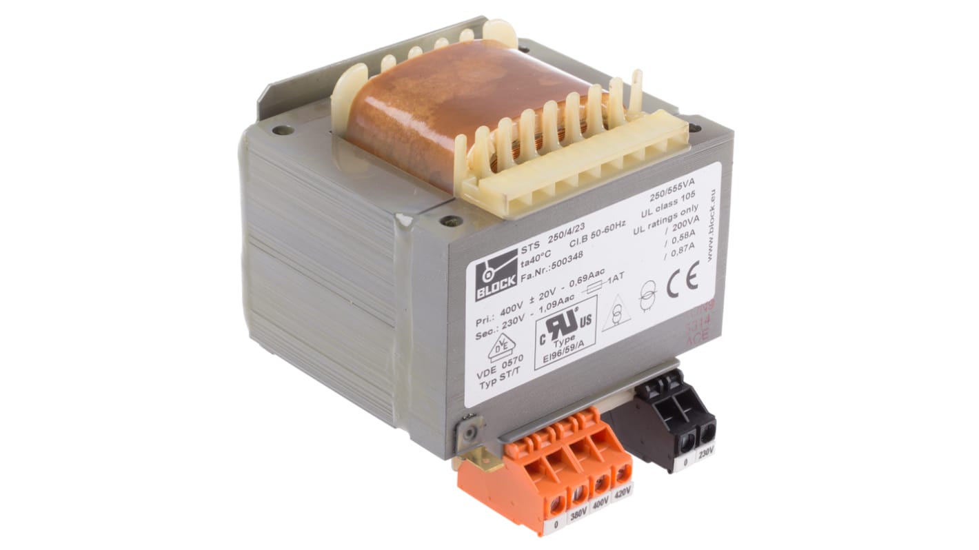 Block 250VA DIN Rail Transformer, 380V ac, 400V ac, 420V ac Primary, 230V ac Secondary