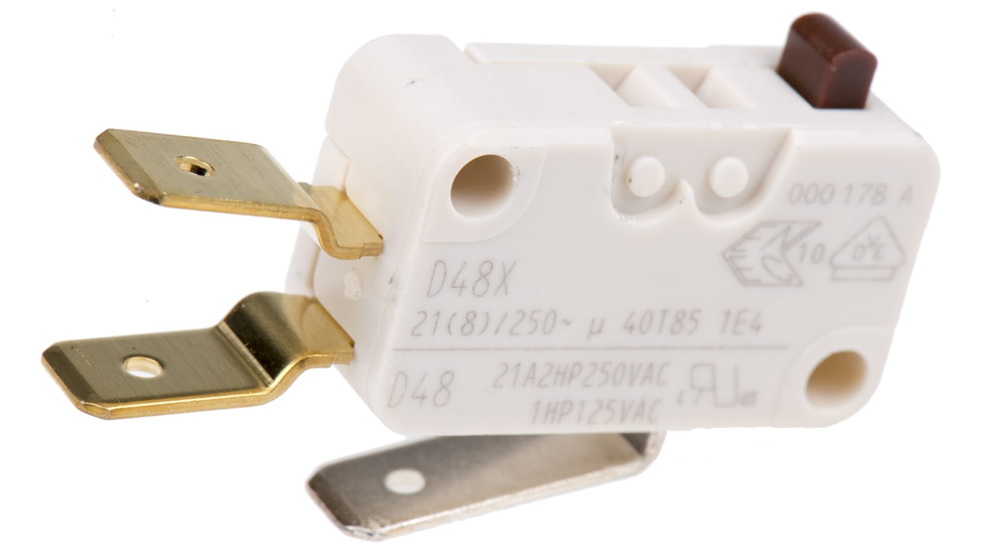 ZF Mikroschalter Knopf-Betätiger Flachstecker, 21 A @ 250 V ac, SPDT 1,47 N -40°C - +85°C