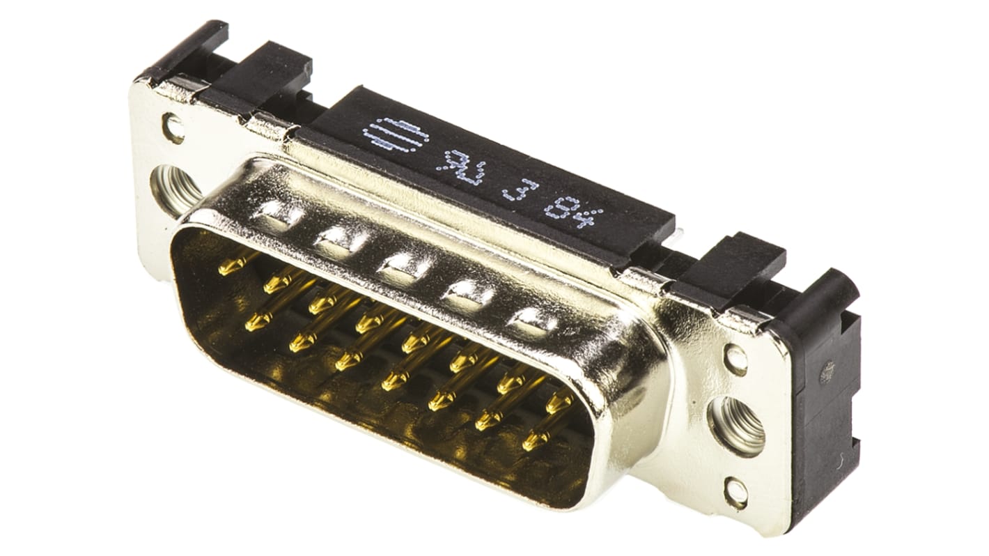 Harting D-Sub konnektor, stik, 15-Polet, 2.74mm benafstand, Lige, Hulmontering, Lodde terminering, 7.5A, med M3