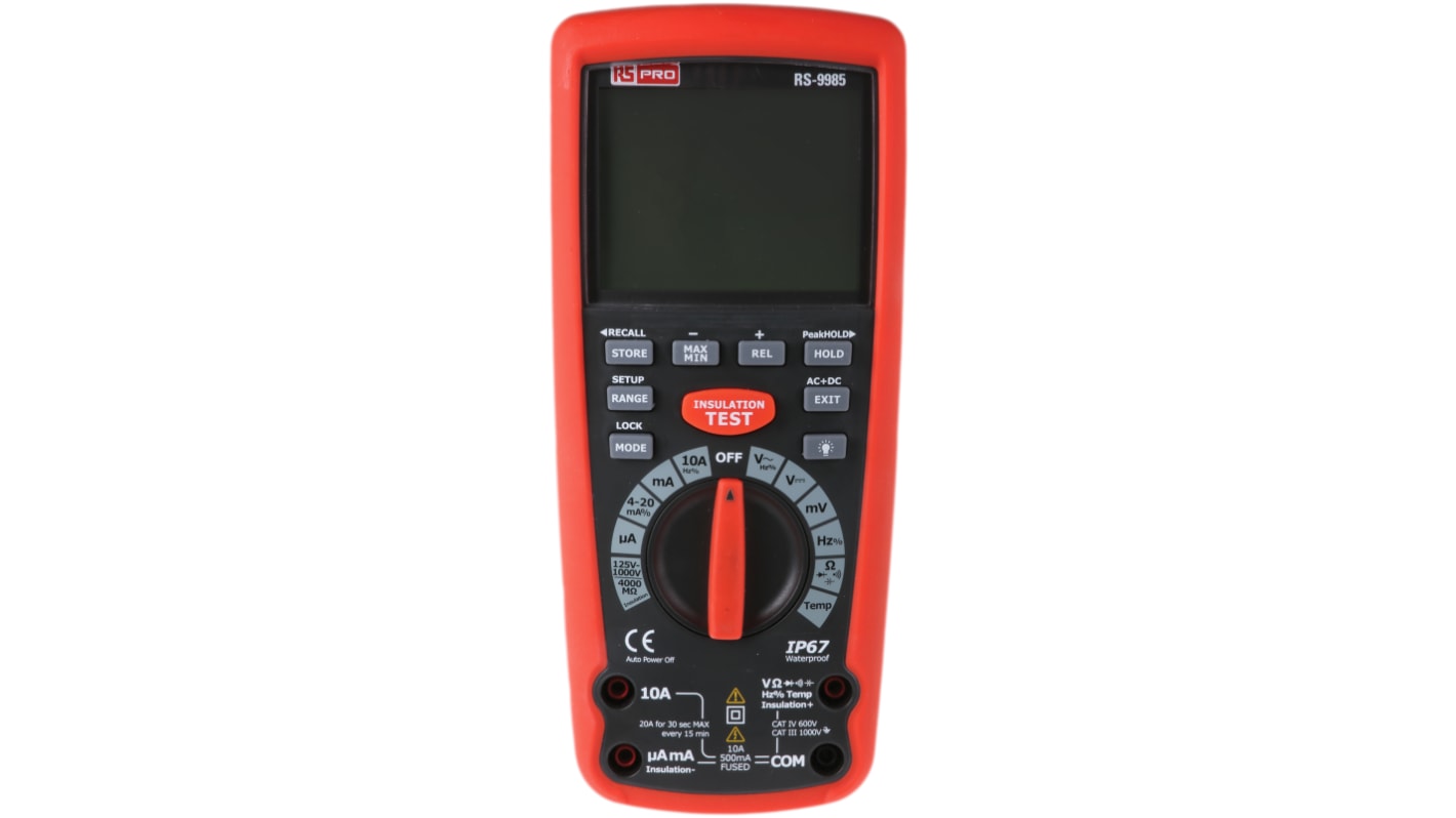 RS PRO szigeteléstesztelő Mérőműszer, szigetelés, 4GΩ, 1mA, LCD, 9 V, NEDA 1604, Akkumulátor, 96.5 x 60.5 x 220mm,