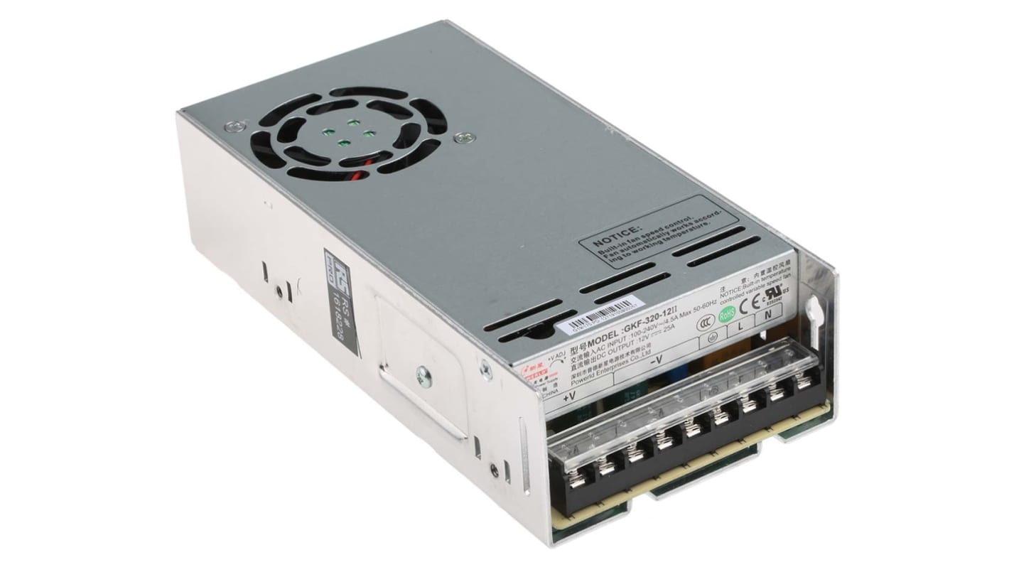 RS PRO Switching Power Supply, 12V dc, 25A, 300W, 1 Output, 120 → 370 V dc, 90 → 264 V ac Input Voltage