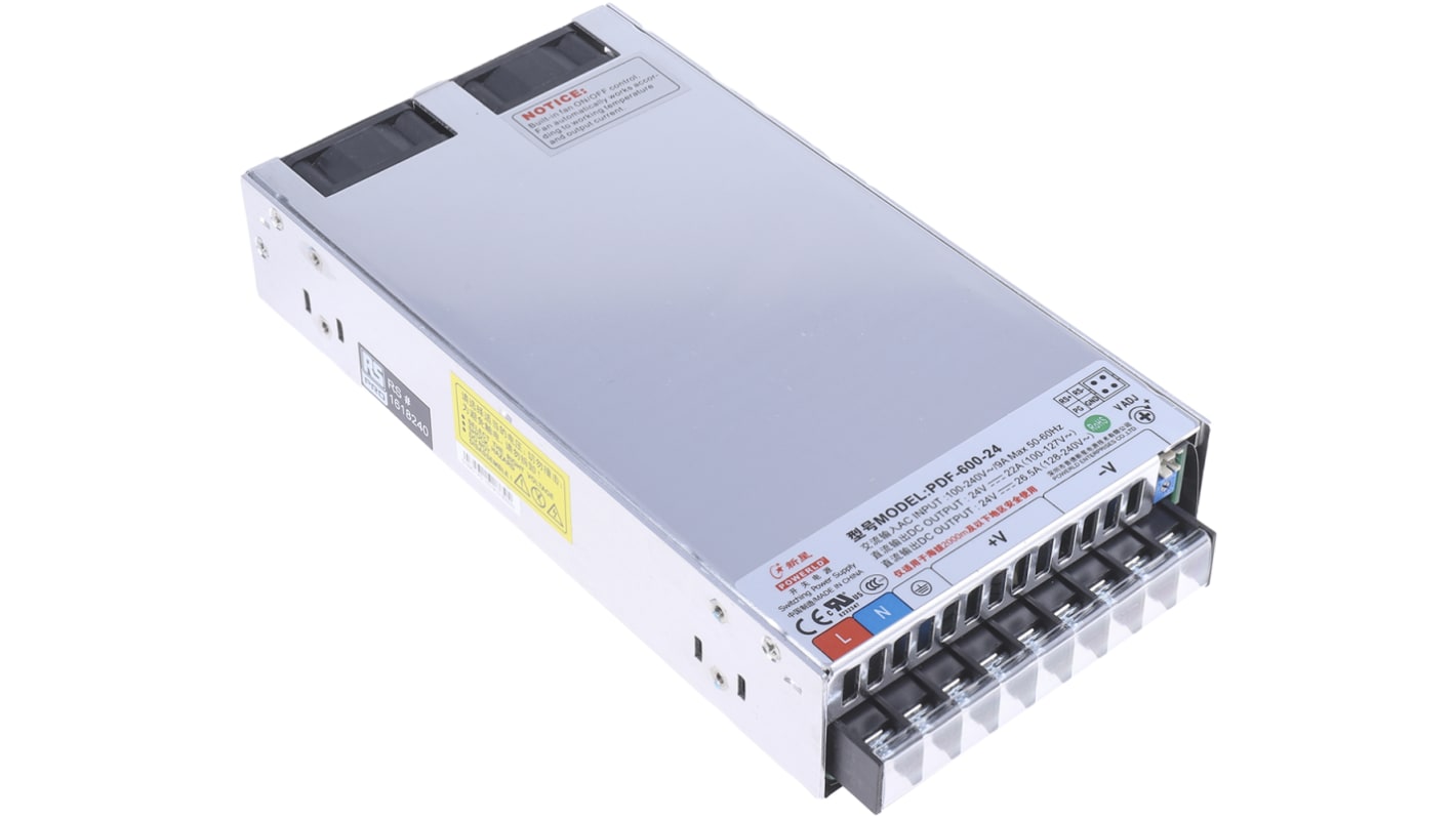 RS PRO Switching Power Supply, 24V dc, 26.5A, 600W, 1 Output, 90 → 264V ac Input Voltage