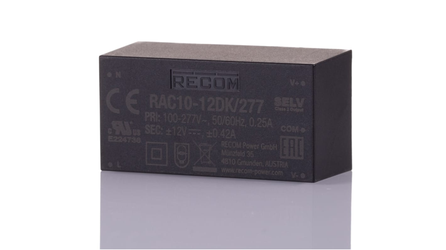 Recom Switching Power Supply, RAC10-12DK/277, 12V dc, ±420mA, 10W, Dual ...