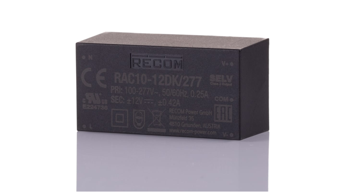 Recom RAC10-K/277 Schaltnetzteil, 12V dc / ±420mA 2-Kanal 10W 85 → 305V ac Gekapselt, PCB-Montage