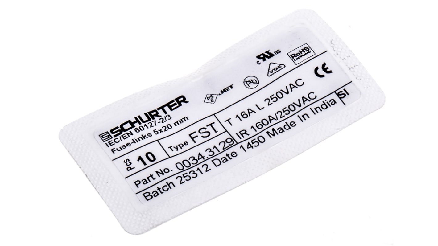 Cartouche fusible Schurter FST 5x20, 16A 5 x 20mm Type T 250V c.a.