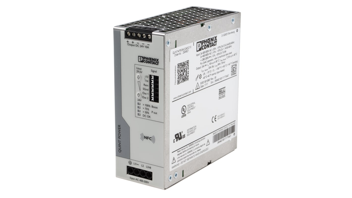 Phoenix Contact QUINT4-PS/3AC/24DC/10 Switch Mode DIN Rail Power Supply, 400V ac ac Input, 24V dc dc Output, 10A