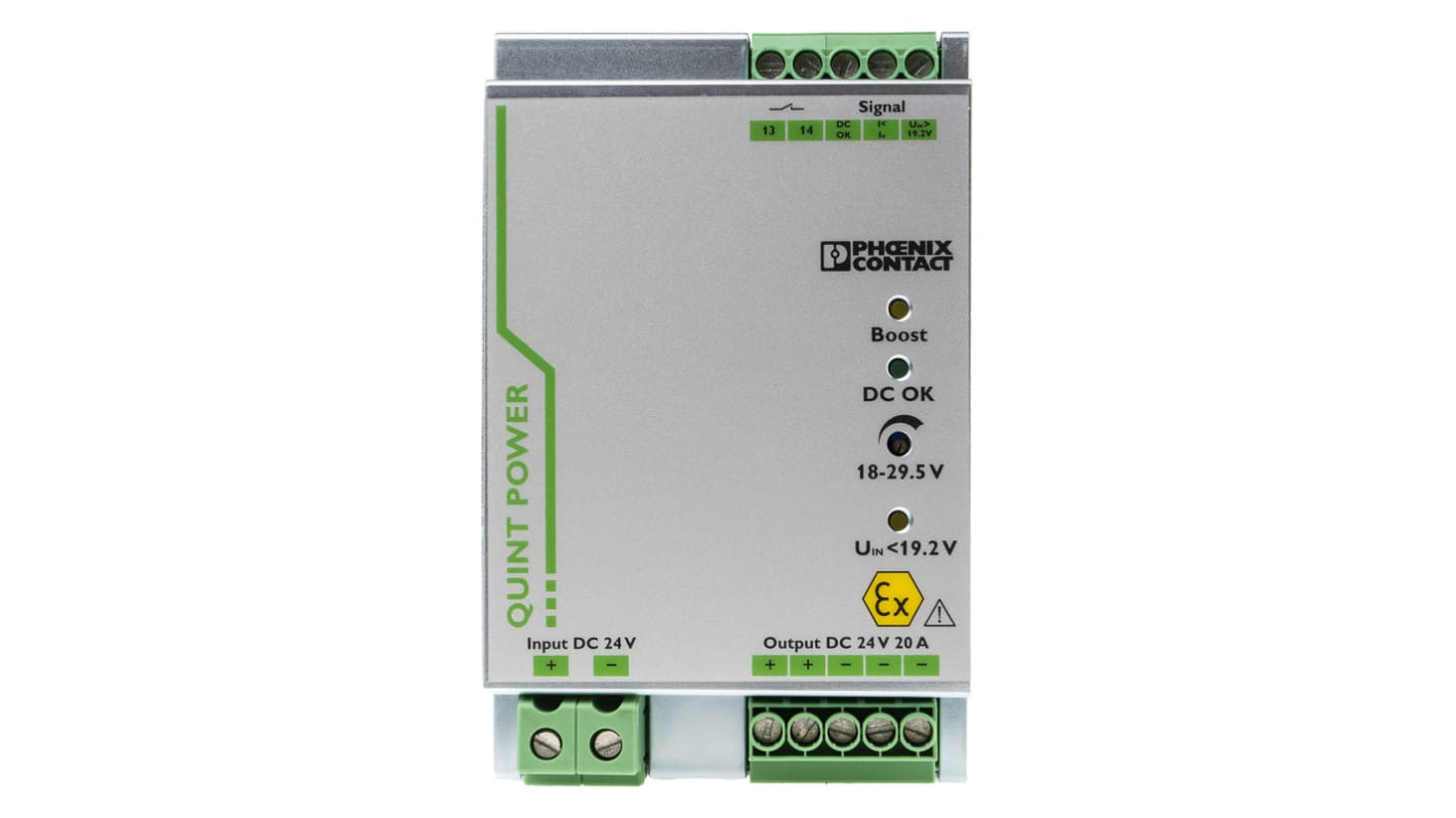 Convertisseur DC-DC Phoenix Contact, QUINT-PS/24DC/24DC/20/CO, Montage rail DIN, 2.4W, 2 sorties, 24V c.c., 20A