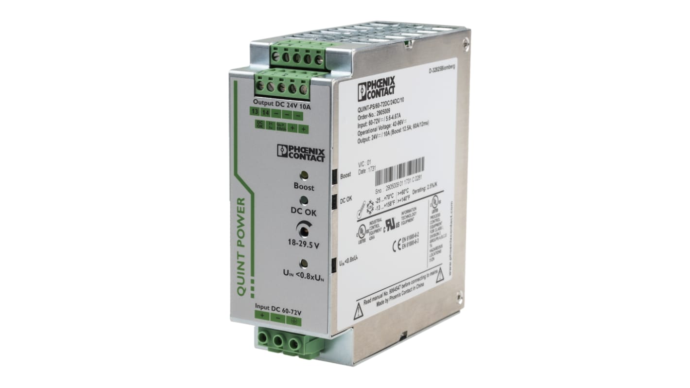 Convertisseur DC-DC Phoenix Contact, QUINT-PS/60-72DC/24DC/10, Montage rail DIN, 240W, 1 sortie, 24V c.c., 10A