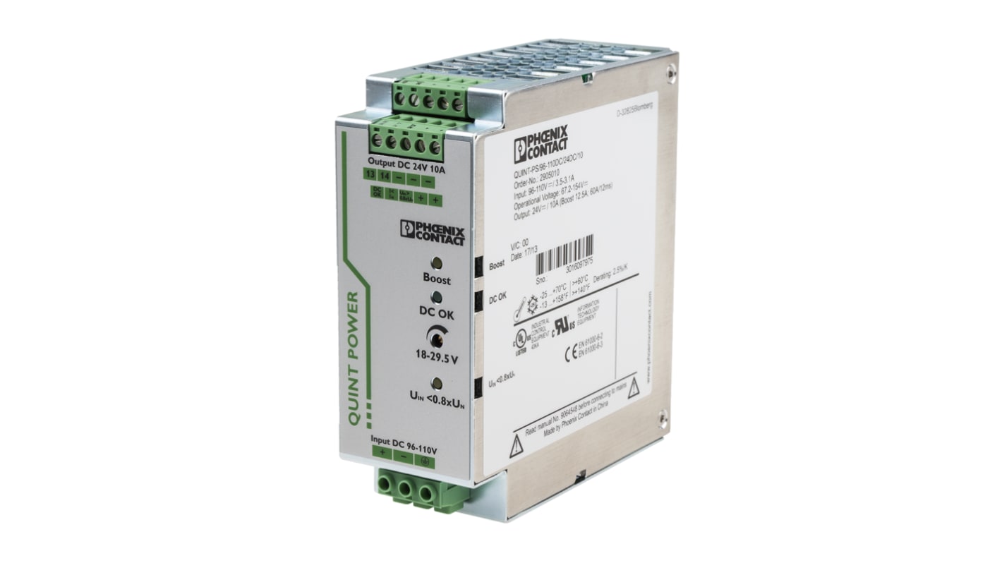 Convertisseur DC-DC Phoenix Contact, QUINT-PS/96-110DC/24DC/10, Montage rail DIN, 22W, 1 sortie, 24V c.c., 10A