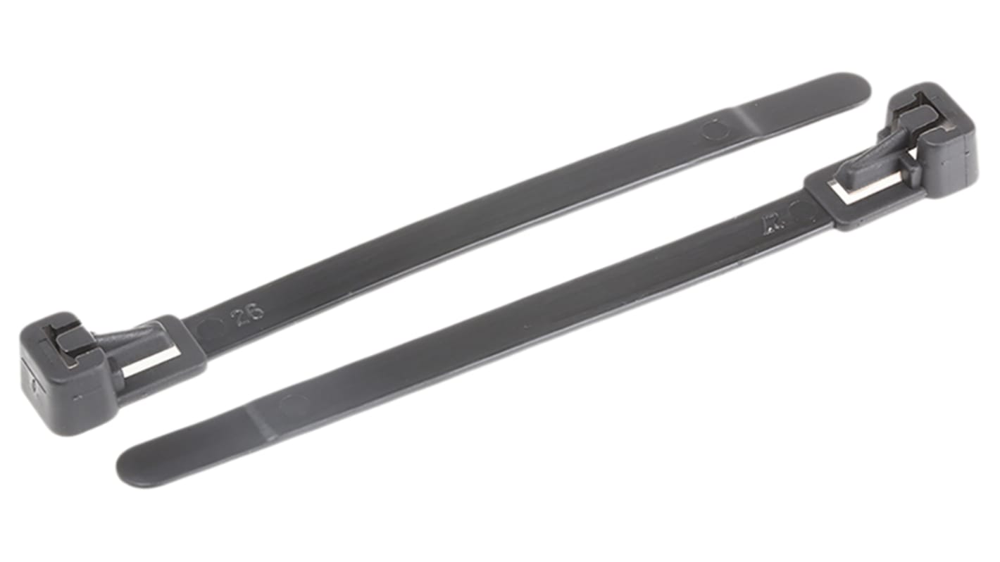 HellermannTyton Cable Tie, Releasable, 100mm x 6.7 mm, Black Polyamide 6.6 (PA66), Pk-100