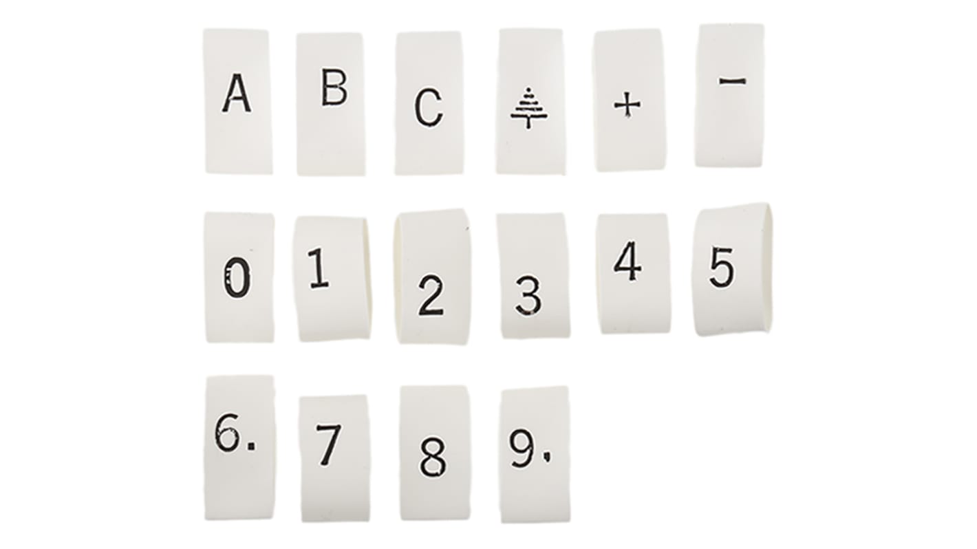 TE Connectivity TRSA Heat Shrink Cable Markers, White, Pre-printed "+, 0 → 9, A, B, C, Earth", 4 → 12mm