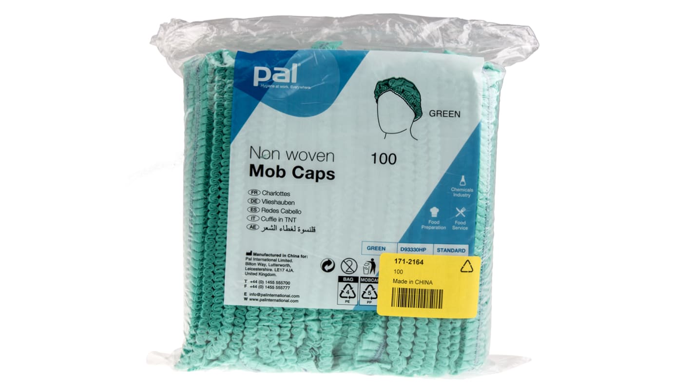 PAL Green Hair Net for Food Industry Use, Regular, Mob Cap Type, Non-Metal Detectable, 35 per Package