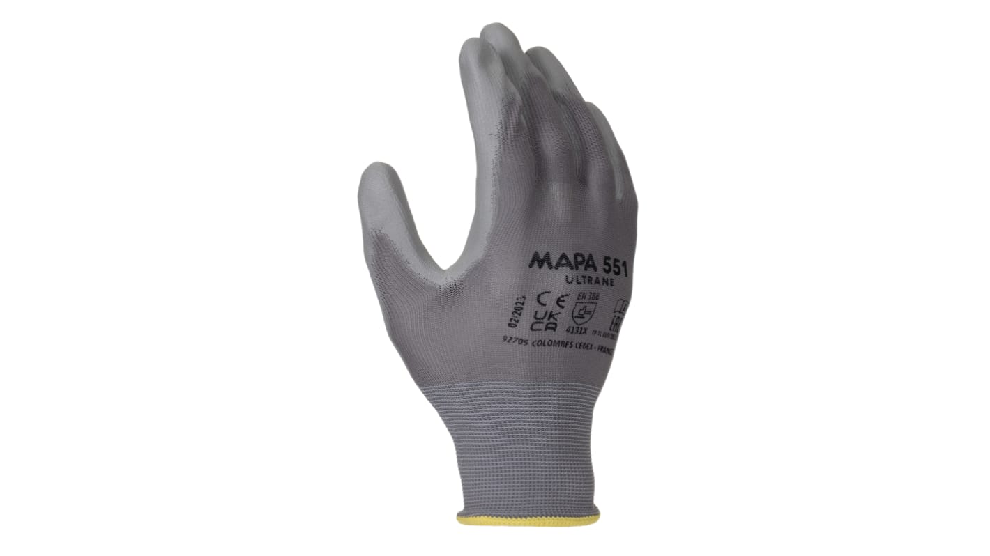 Mapa ULTRANE 551 Grey Polyurethane Chemical Resistant Work Gloves, Size 9, Large, Polyurethane Coating
