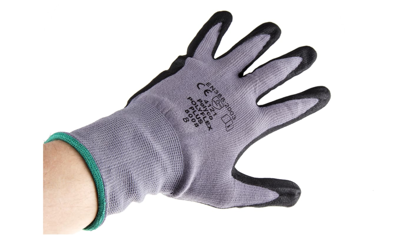 Polyco Healthline Polyflex Plus Grey Nitrile Mechanic Work Gloves, Size 8, Nitrile Foam Coating