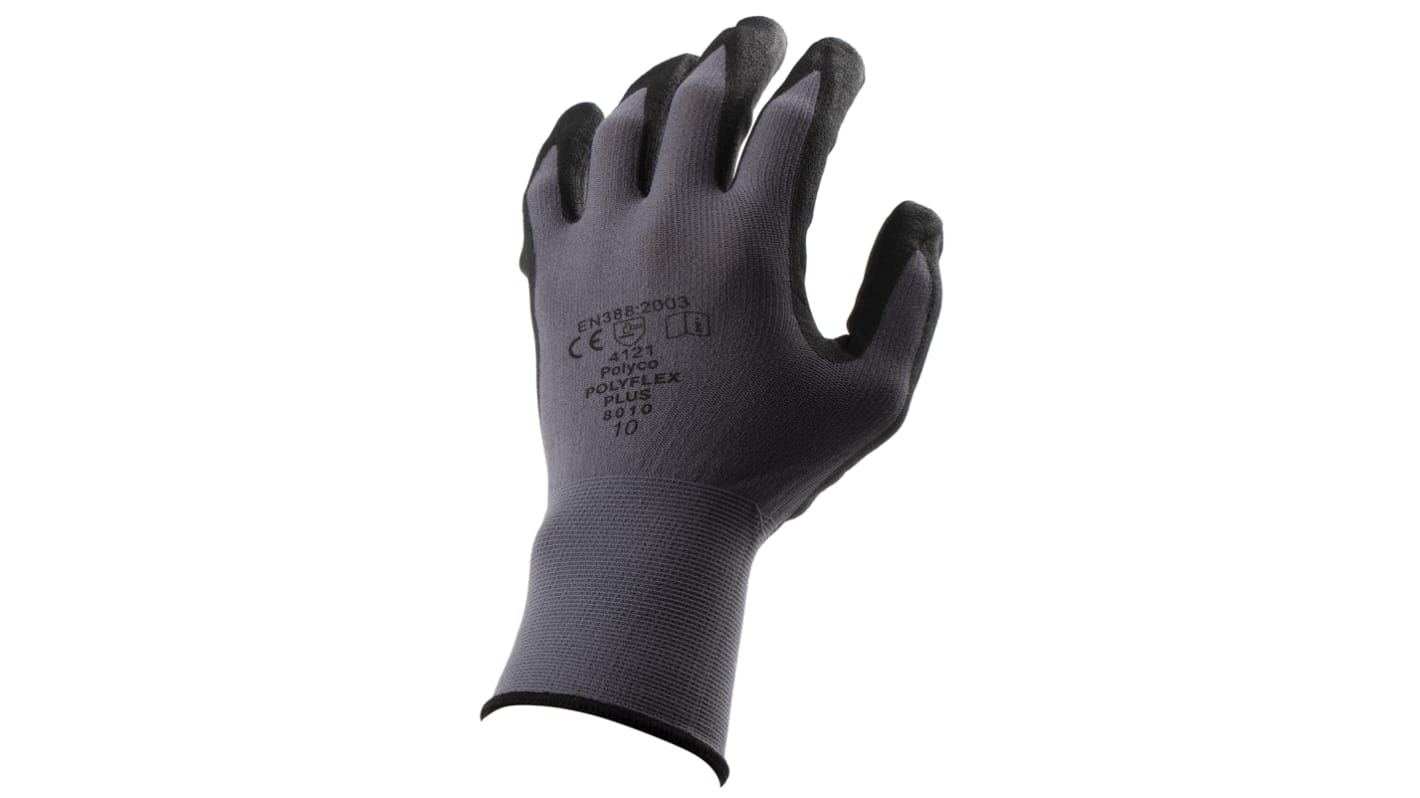 Polyco Healthline Polyflex Plus Grey Nitrile Mechanic Work Gloves, Size 10, Large, Nitrile Foam Coating