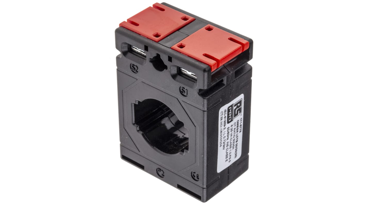 Transformador de corriente RS PRO, Montaje en Base, entrada 500A, ratio: 500:5, Ø int. 30 x 10mm, dim. 50 x 31 x 70 mm