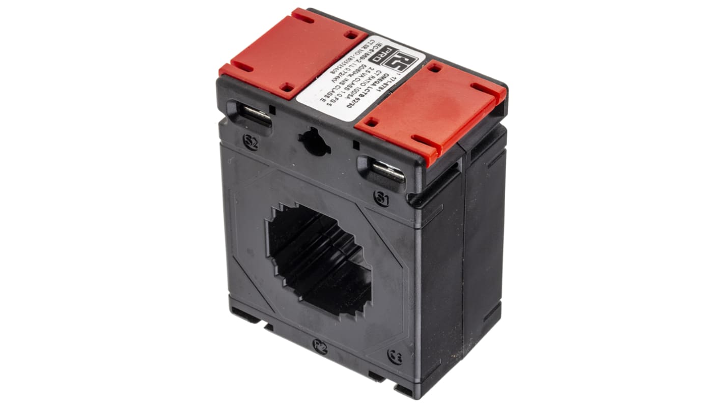 Transformador de corriente RS PRO, Montaje en Base, entrada 100A, ratio: 100:5, Ø int. 30 x 11mm, dim. 62 x 40 x 78 mm
