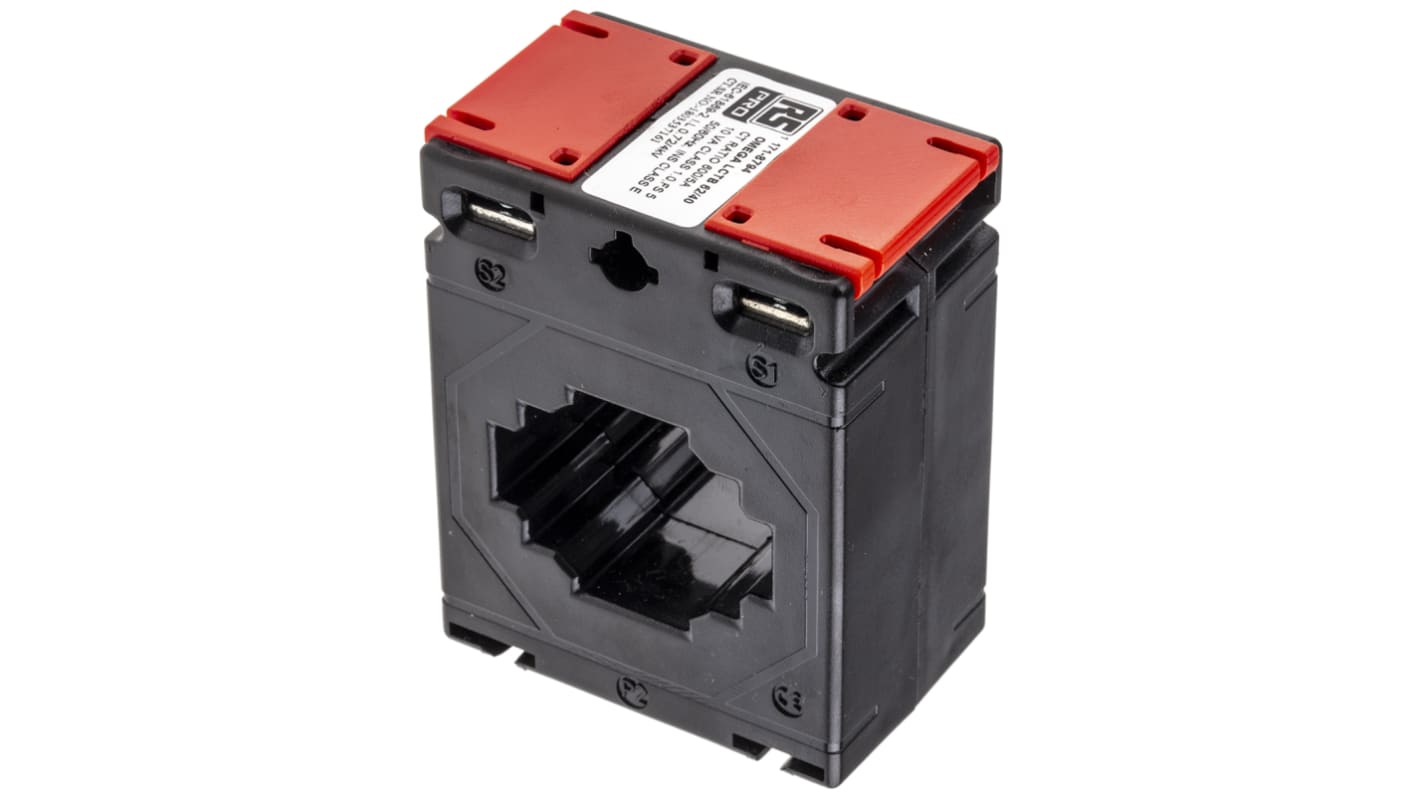 Transformador de corriente RS PRO, Montaje en Base, entrada 600A, ratio: 600:5, Ø int. 40 x 11mm, dim. 62 x 40 x 78 mm