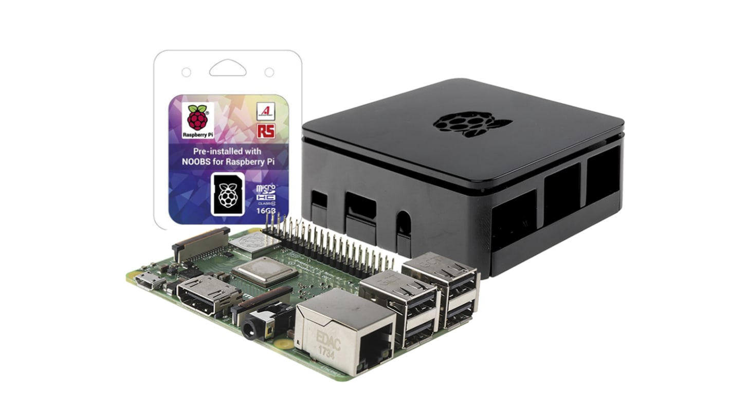 Raspberry Pi 3 B+ mit schwarzem Gehäuse und Noobs Raspberry Pi 3 B+ 1 GB Prozessor: BCM2837B0