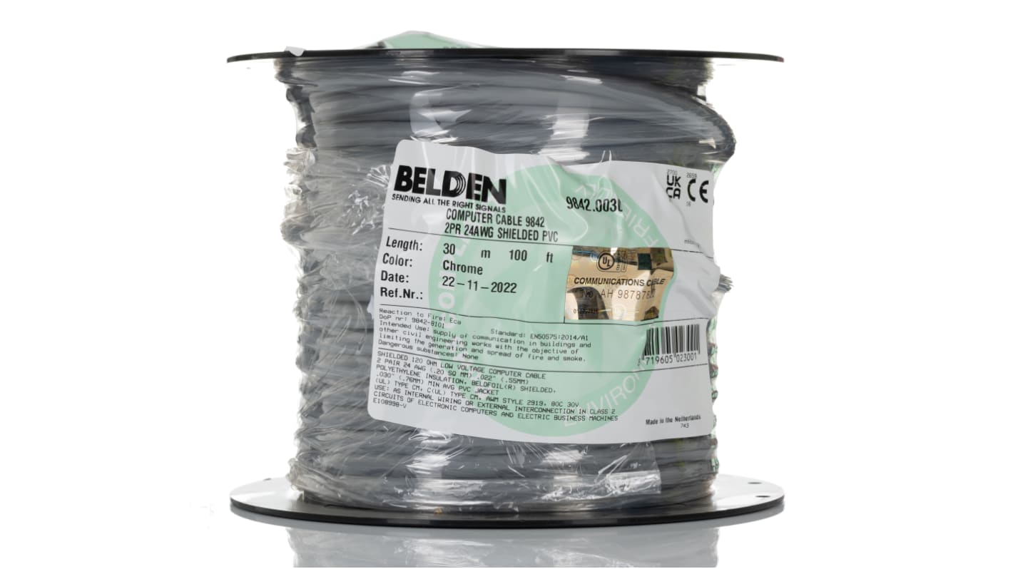 Cable de datos apantallado de par trenzado Belden 9842 de 4 conductores, 2 pares, 0,25 mm², 24 AWG, long. 30m, Ø ext.